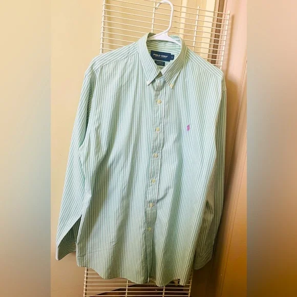 Ralph Lauren Polo Golf Custom Fit Mint Green&White Striped Shirt College Wear - Picture 1 of 5